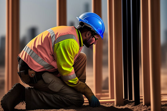 Imagen de un trabajador de la construcci&oacute;n, representa un trabajo manual, espec&iacute;ficamente en la industria de la construcci&oacute;n. Colocaci&oacute;n de cimientos o la instalaci&oacute;n de tuber&iacute;as.