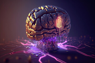 digital artificial intelligence brain with neural connections to a processor and microchips. Generative AI