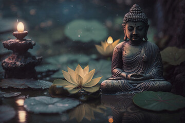 Buddha statue in the water with lotuses. AI generation	