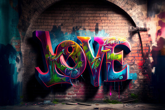 Love word written on brown brick wall.