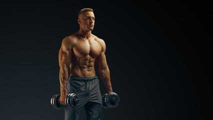 Fototapeta na wymiar Fitness shirtless man before training pumping up muscles with dumbbells. Copy free space.