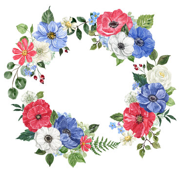 The floral wreath is made of red, white, and blue flowers. Watercolor botanical painting. Round natural frame illustration. PNG clipart.