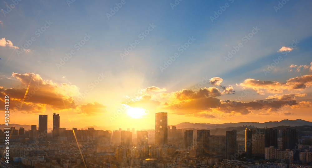 Wall mural aerial view of dramatic sunset or sunrise and blue sky