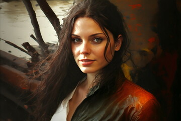 Beautiful girl of model European appearance with dark hair and pretty eyes in fashionable a leather jacket. Generative AI	