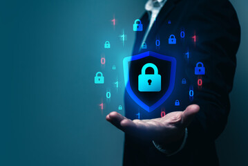 Cyber security, protection data, businessman showing padlock guard graphics for authentication system, cyberspace, cyber crime, hacker, database, cloud computing, privacy concept.