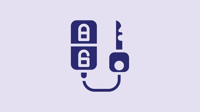 Blue Car key with remote icon isolated on purple background. Car key and alarm system. 4K Video motion graphic animation