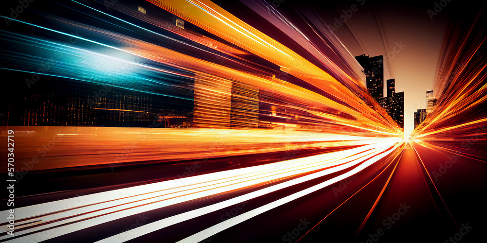 Wall mural abstract long exposure dynamic speed light trails in an urban environment. generative ai