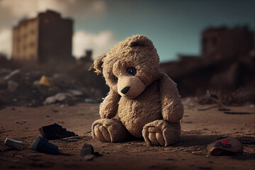 Teddybär liegt im Schutt einer zerstörte Stadt nach der Erdbeben Katastrophe in der Türkei - Generative Ai - obrazy, fototapety, plakaty