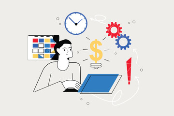 Financial planning line concept with people scene in the flat cartoon style. Economist calculates all expenses for various needs and plans budget. Vector illustration.