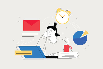 Line concept Deadline with people scene in the flat cartoon design. Girl work hard to complete all tasks in time. Vector illustration.