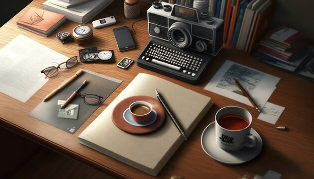 3D Rendered Bird's Eye View Of A Busy Desk Scene