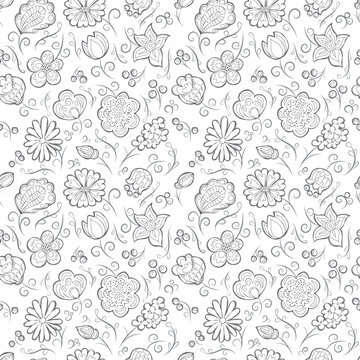 Seamless chain pattern of hand-drawn abstract flowers on white background. Doodle-style illustration. Black and white vector image. Design for print, fabric, wallpaper, floral arrangements