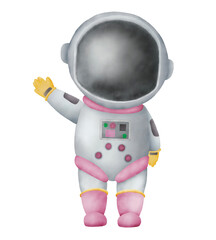 Obraz premium Watercolor paper illustration of space girl Astronaut. Idea for icons, wallpaper, children’s art, books, cartoon, background, banner, poster, magazine, details decoration, birthday