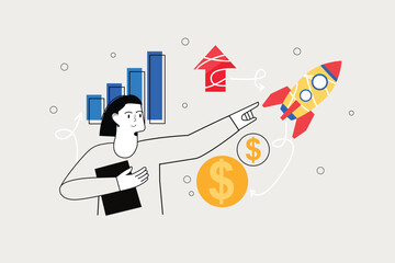 Startup line concept with people scene in the flat cartoon style. Manager monitors the development of his team's project. Vector illustration. © DesignSells