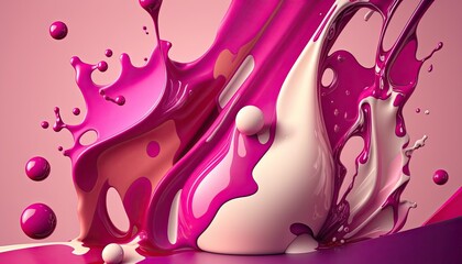 Dense liquid of mixed colors splashing and forming droplets in the air on color background. Illustration for wallpaper. Generative AI
