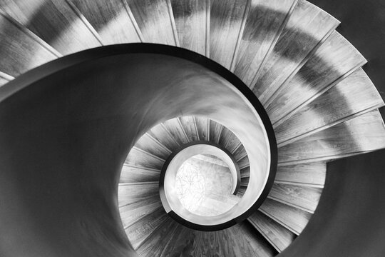 Spiral staircase from above in black and white