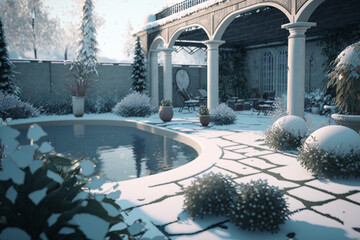  Villa with garden and pool, flowers, 3d render, generative ai