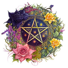 Watercolor Pentagram gouache elements, Halloween, Mysticism. Witchcraft attributes. Painting, , generative ai.