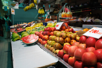 Fototapeta na wymiar Food Stand, Display of Fruit for Sale in a Market