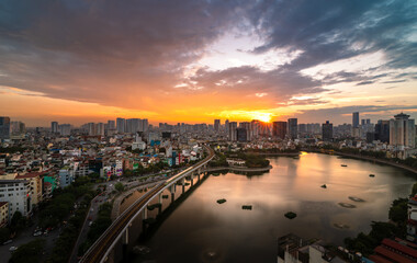 Fototapeta premium Aerial skyline view of Hanoi. Hanoi cityscape. Hanoi metro railway 