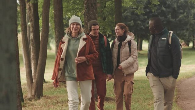 Four diverse friends in cozy outwear walking along beautiful autumn park and having conversation