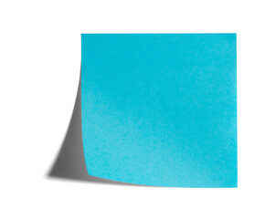 Blue blank paper office sticker with curled corner and shadow isolated on transparent background. Mocap. Reminder concept.
