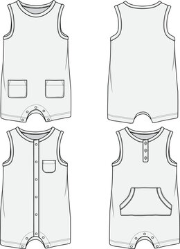 Infant Baby Toddler Sleeveless Tank Romper set Mockup Sketch Template Technical CAD Illustration
