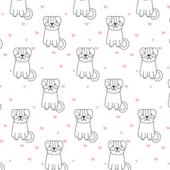Patern.Collection of funny dog with pink hearts in cartoon style. Cute pet in daily routine, isolated on white background. Vector illustration