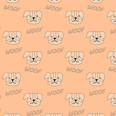 Cute dogs doodle seamless patern. Collection of dog faces with text Woof. Hand drawn isolated vector illustration in doodle style.Vector illustration