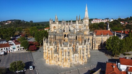 Drone shot from the back of the Batalha Monastery in Portugal