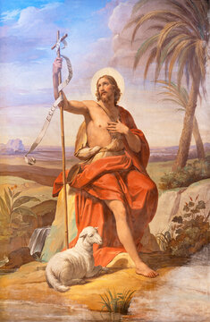 ROME, ITALY - AUGUST 28, 2021: The fresco of St. John the Baptist in the church San Girolamo dei Croati by  Pietro Gagliardi (1847-1852).