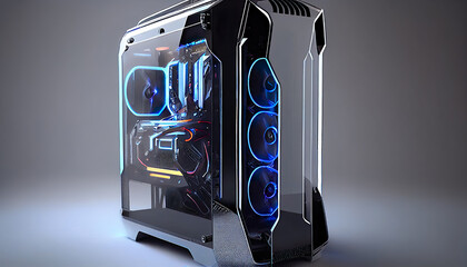 concept design of gaming workstation station custom pc computer build with glass windows and RGB rainbow led