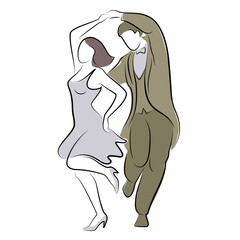 Beautiful young couple. The girl and the guy are dancing. Creative art. Graphic image. Vector illustration.