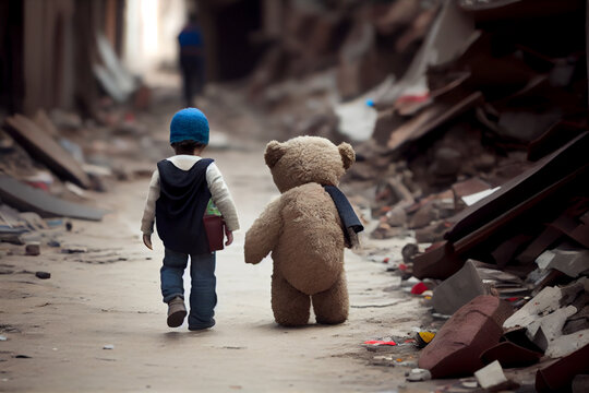 Kind mit Teddybär in der Hand läuft durch eine zerstörte Stadt nach der Erdbeben Katastrophe in der Türkei und sucht nach seiner Familie  - Generative Ai