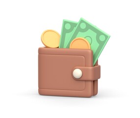 Realistic 3d icon of wallet with money banknotes and golden coins
