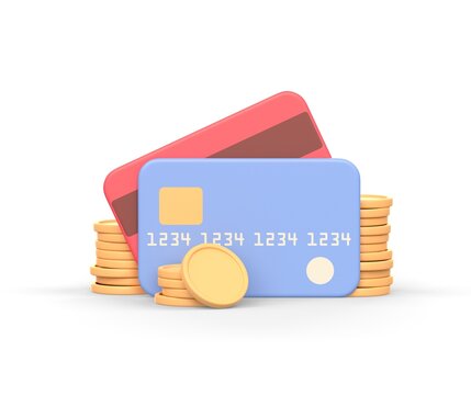 Realistic 3d icon of two credit or debit cards and golden coins
