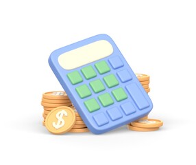 Realistic 3d icon of calculator with golden coins