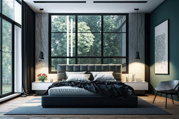 Sleek and modern bedroom with a king size bed, nightstands and large windows, offering a comfortable and relaxing sleeping space, generative ai