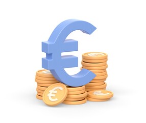 Realistic 3d icon of euro currency symbol and golden coins