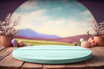 pastel easter themed background with empty wooden table for product display - Generative AI