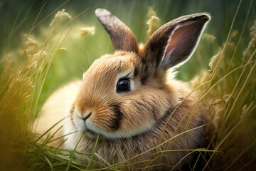 A cute bunny rabbit laying in tall grass - Generative AI