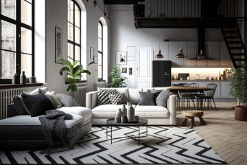 Stylish and spacious Scandinavian loft apartment living room with a minimalist white sofa and geometric rug, generative ai
