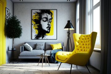 Stylish Modern Living Room with a Pop of Bright Yellow from the Comfortable Armchair'', generative ai