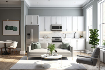 Fototapeta na wymiar Stylish modern living room with open kitchen design featuring white cabinetry, stainless steel appliances, and a neutral color palette, generative ai