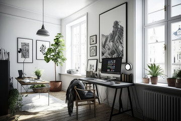 Stylish office space in a bright and airy Scandinavian loft apartment with a large desk and natural light, generative ai