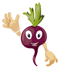Beet character waving hand. Friendly cartoon vegetable