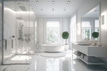 Fototapeta na wymiar Stylish white bathroom with large shower and bathtub, generative ai
