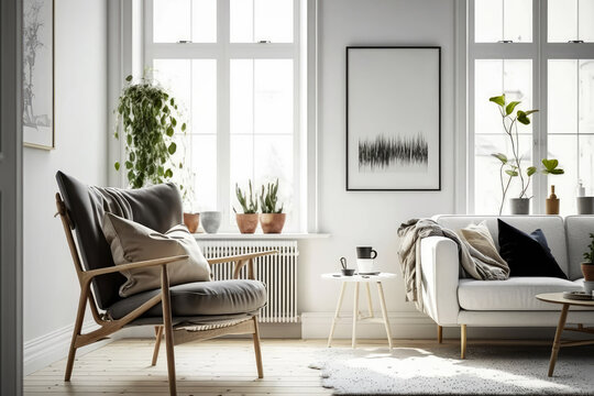 Stylish scandinavian living room with elegant design armchair and minimal decor, generative ai
