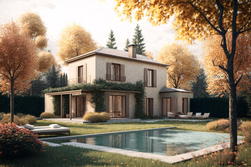 Villa with garden and pool, flowers, 3d render, generative ai