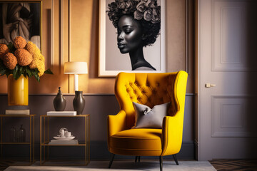 Welcoming and Chic Yellow Armchair in a Warm Toned Living Room'', generative ai